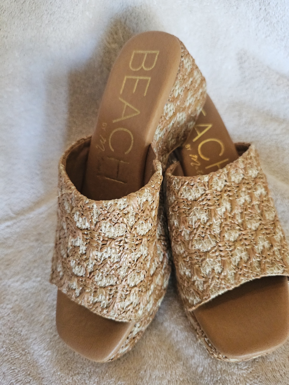 BEACH by Matison Woven Tan Slide Mules